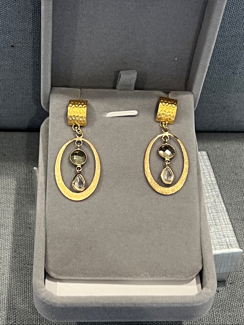Gold Vermeil Oval Drop Earrings with CZ and Smoky Stones - Women Jewelry